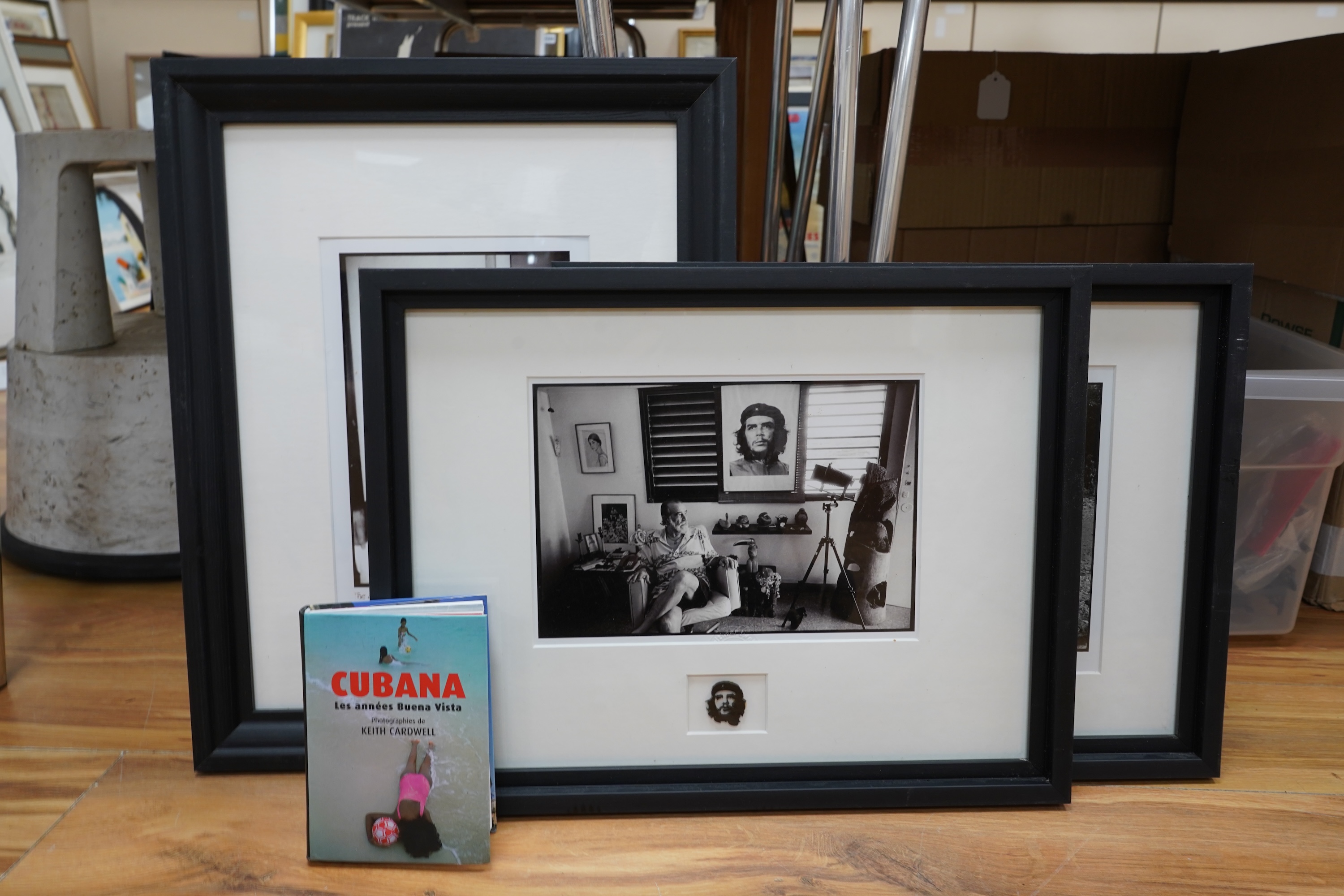 Keith Cardwell (Contemporary), Three gelatin silver prints to include ‘Old Man and the Sea, Cuba’, stamped, signed and titled in ink to the margin and ‘Korda with his Che’, stamped, largest 25 x 17cm, together with a boo